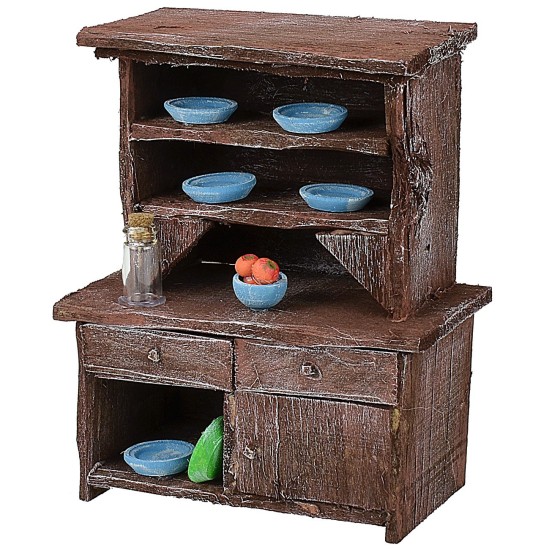 Credenza in legno antichizzato con porcellane colorate cm