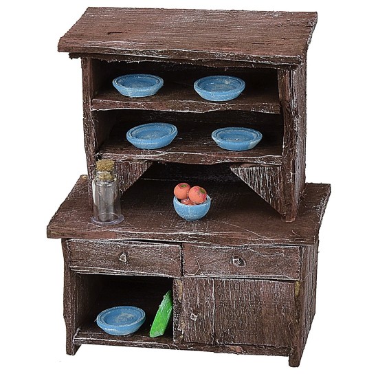 Credenza in legno antichizzato con porcellane colorate cm