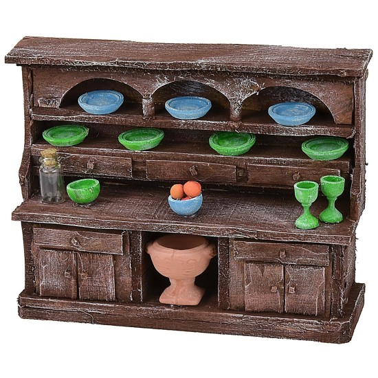 Aparador de madera envejecida con porcelanas cm 15,5x5x12 h