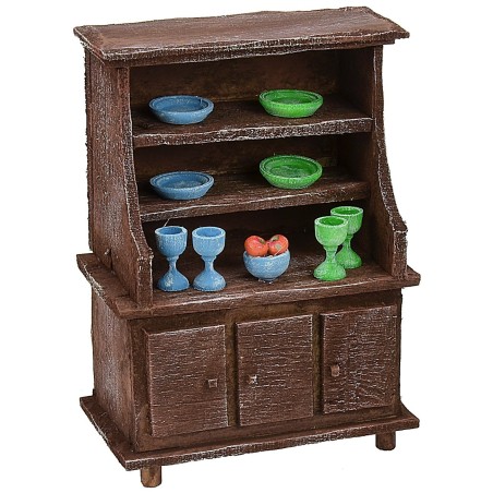 Credenza in legno antichizzato con porcellane colorate cm