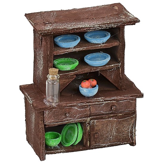 Credenza in legno antichizzato con porcellane colorate cm