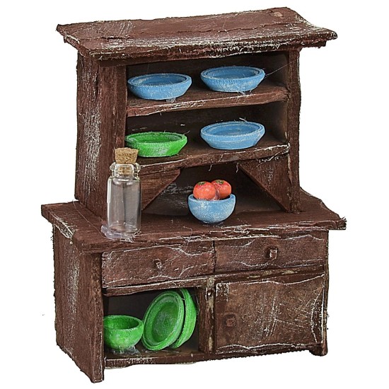 Credenza in legno antichizzato con porcellane colorate cm