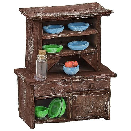 Sideboard in antiqued wood with colored porcelain cm