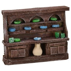 Aparador de madera envejecida con porcelanas de 9x2,5x7,5 cm h