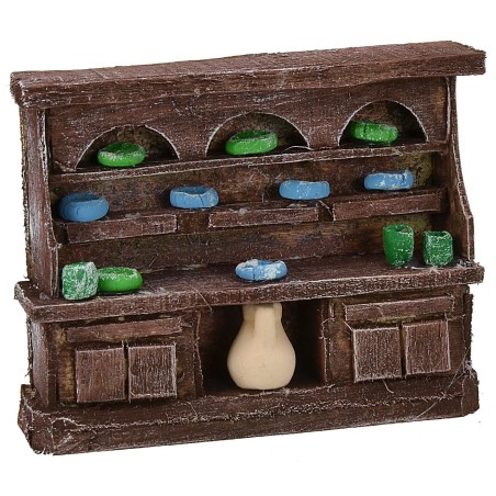 Aparador de madera envejecida con porcelanas de 9x2,5x7,5 cm h