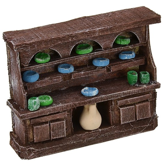 Aparador de madera envejecida con porcelanas de 9x2,5x7,5 cm h