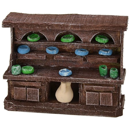 Aparador de madera envejecida con porcelanas de 9x2,5x7,5 cm h