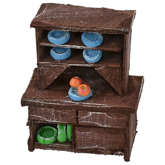 Credenza in legno antichizzato con porcellane colorate cm