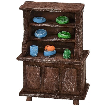 Credenza in legno antichizzato con porcellane colorate cm