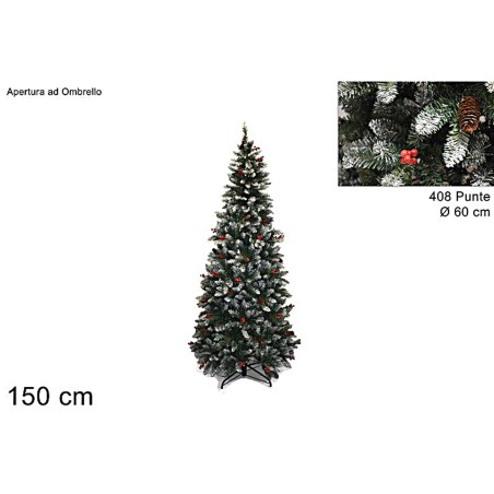 Albero innevato con pigne e bacche h 150 cm a 408 punte Mondo