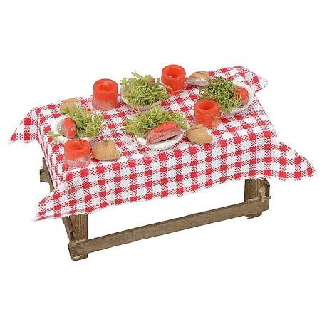 Wooden table with tablecloth and dishes cm 10x6x4 h