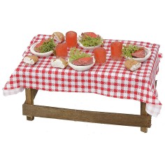 Wooden table with tablecloth and dishes cm 13x6,5x5 h 2