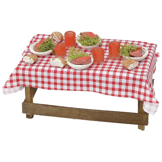 Wooden table with tablecloth and dishes cm 13x6,5x5 h