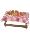 Wooden table with tablecloth and dishes cm 13x6,5x5 h