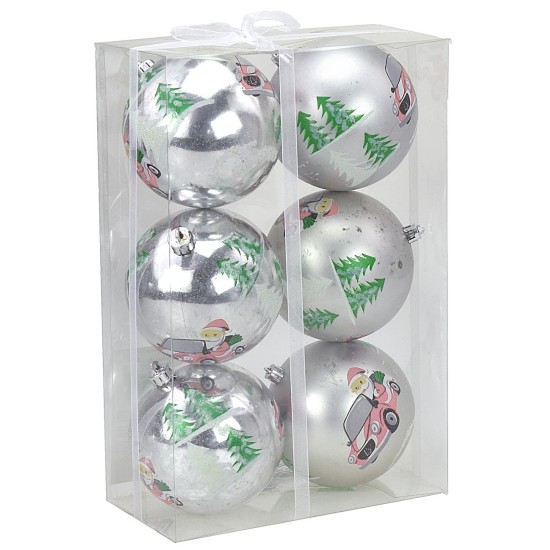 Juego de 6 bolas plateadas con Papá Noel ø 8 cm para árbol de