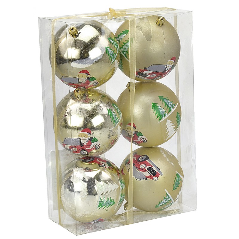 Set 6 palline oro con Babbo ø 8 cm per albero di Natale