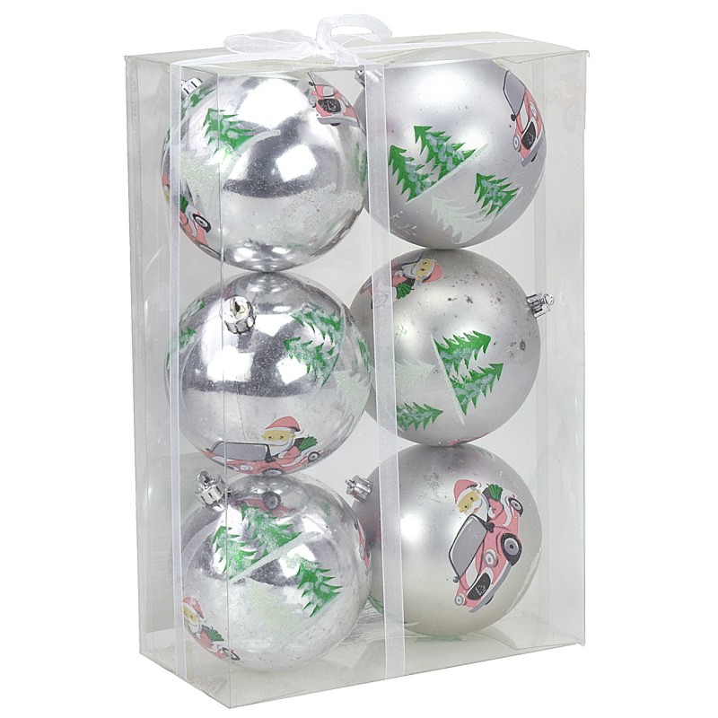 Set of 6 silver balls with Santa ø 10 cm for Christmas tree
