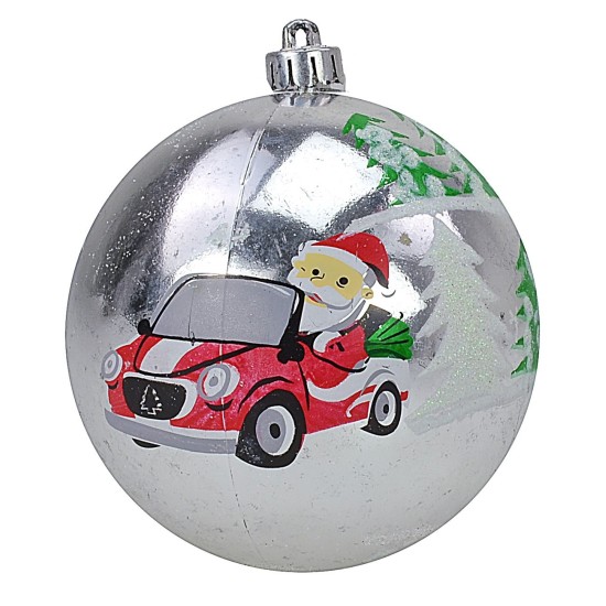 Set 6 palline argento con Babbo ø 10 cm per albero di Natale