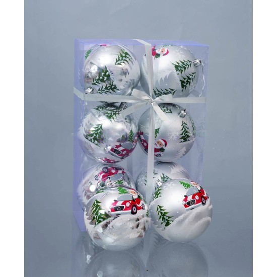 Juego de 6 bolas plateadas con Papá Noel ø 10 cm para árbol de Navidad.