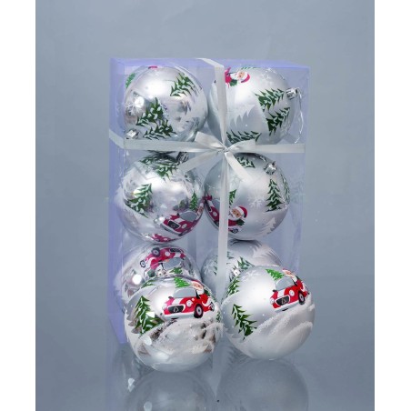 Juego de 6 bolas plateadas con Papá Noel ø 10 cm para árbol de Navidad.
