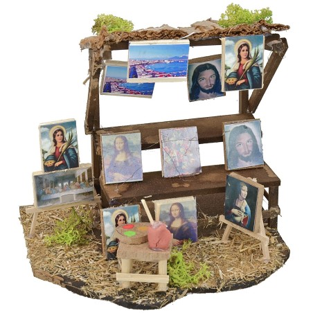 Scena con bancarella di quadri cm 16,3x13,5x15 h Mondo Presepi