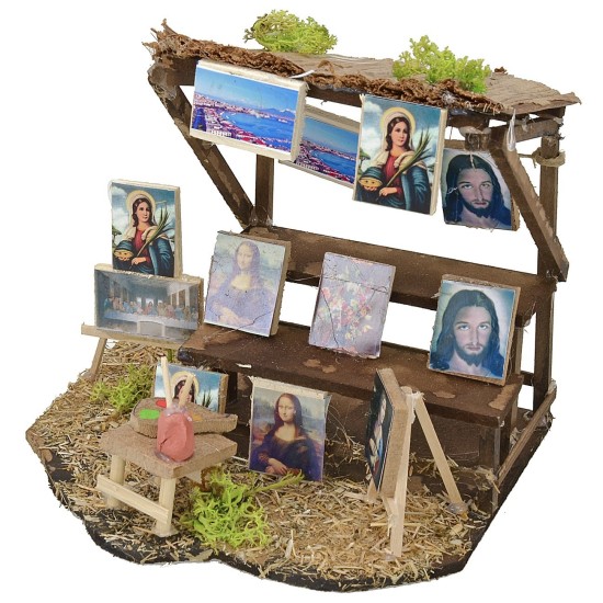 Escena con puesto de cuadros cm 16,3x13,5x15 h Mundo Pesebre
