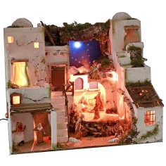 Pesebre árabe iluminado con cielo estrellado, horno y estatuas cm