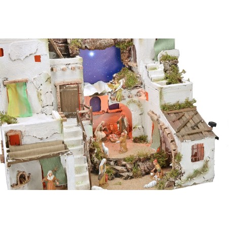 Illuminated Arab nativity scene with starry sky, oven, and statues cm