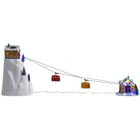 Teleférico navideño iluminado con telecabinas en funcionamiento Mundo