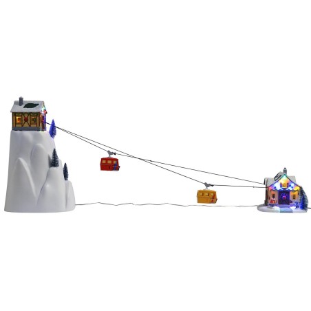 Teleférico navideño iluminado con telecabinas en funcionamiento
