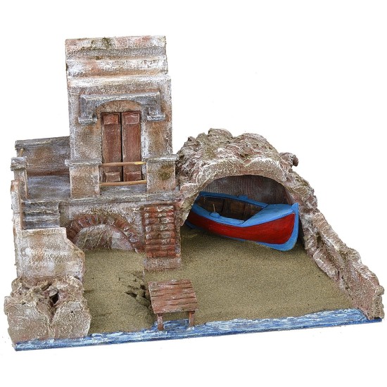 Escenografía de paseo marítimo con barco de 49x30x35,5 cm h