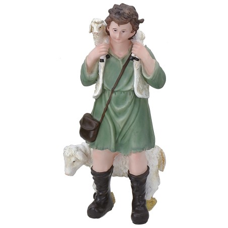 Buon pastore con pecora e agnello in resina 30 cm