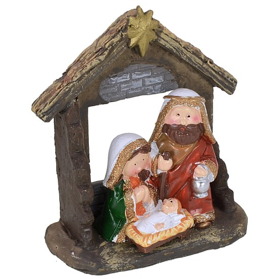 Natività naif nella capanna in resina cm 8,5x4,3x10,2 h