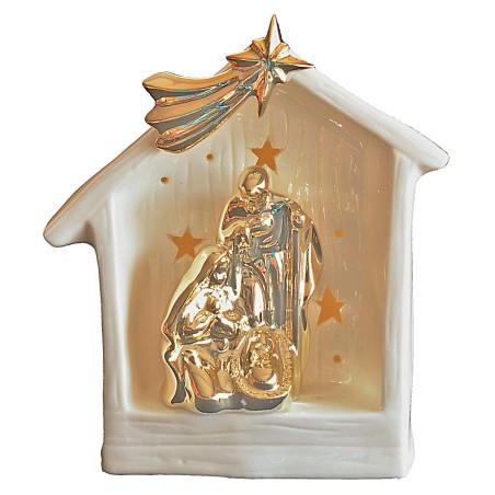Nativity and hut in porcelain with light 15.5x9.2x17.2 h cm