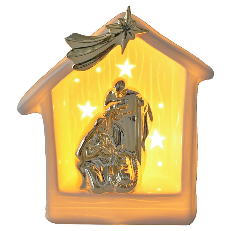 Nativity and hut in porcelain with light 15.5x9.2x17.2 h cm