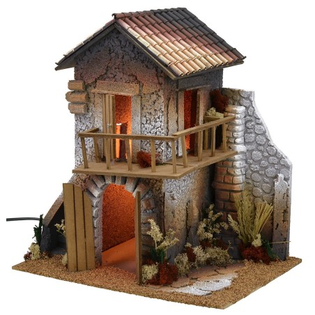 Casa illuminata per Presepe a due piani con ampia balconata cm