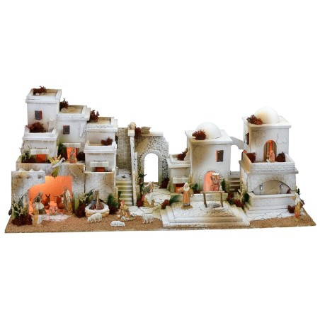 Arabic nativity scene with lights, double tap fountain and fire