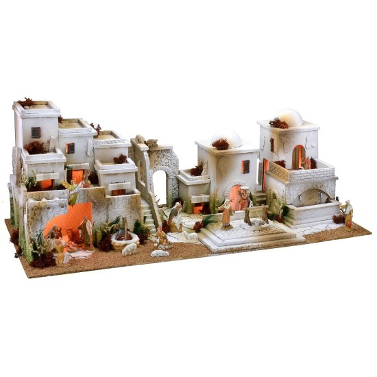 Arabic nativity scene with lights, double tap fountain and fire