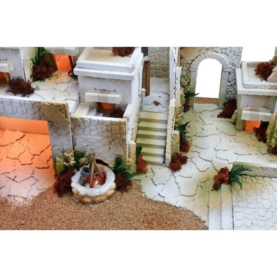 Arabic nativity scene with lights, double tap fountain and fire