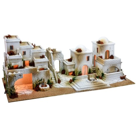 Arabic nativity scene with lights, double tap fountain and fire