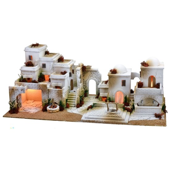 Arabic nativity scene with lights, double tap fountain and fire
