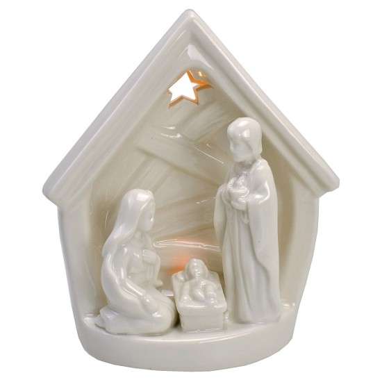 Natividad y establo de porcelana con luz de 14x9,2x16 cm h Mondo.