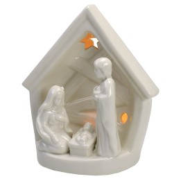 Natividad y cabaña de porcelana con luz de 14x9,2x16 cm h