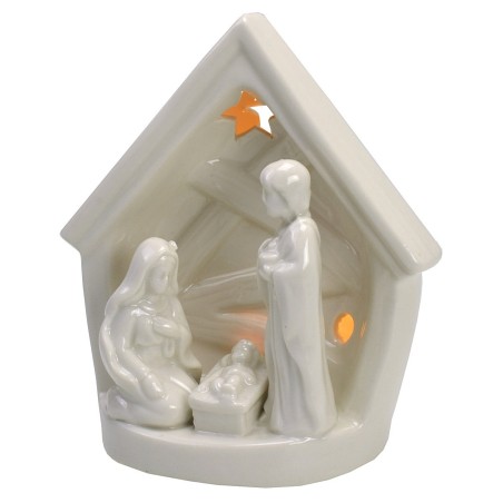 Natividad y cabaña de porcelana con luz de 14x9,2x16 cm h