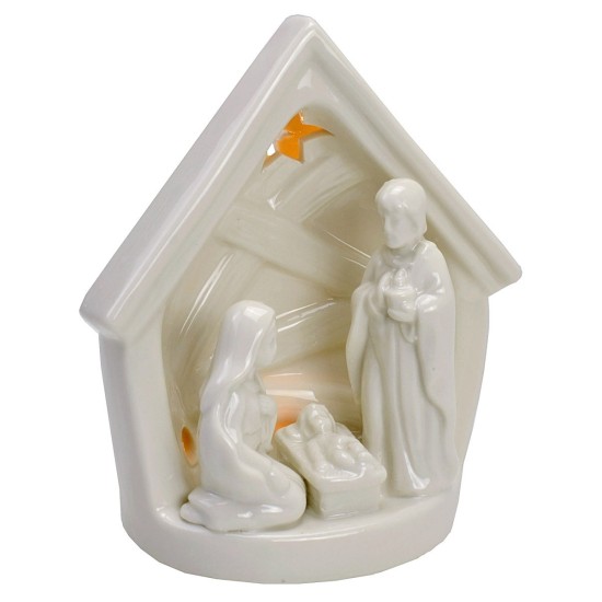 Natividad y cabaña de porcelana con luz de 14x9,2x16 cm h