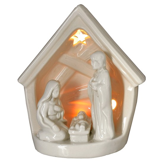 Natividad y establo de porcelana con luz de 14x9,2x16 cm h Mondo.