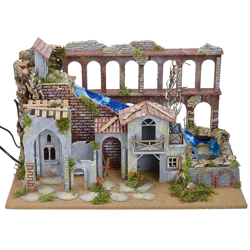Hamlet with functioning aqueduct, waterfall and fire cm 58x38x35 h