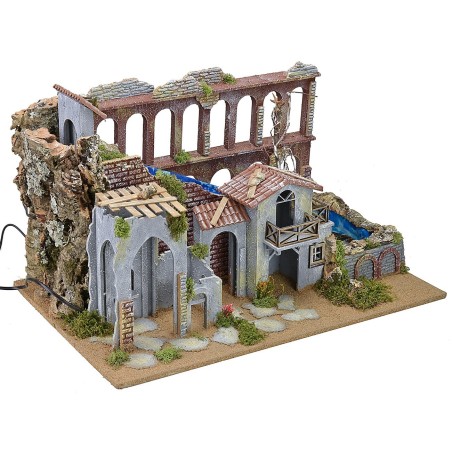 Borgo con acueducto, cascada y fuego funcionales de 58x38x35 cm h.
