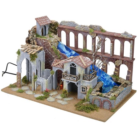 Hamlet with functioning aqueduct, waterfall and fire cm 58x38x35 h