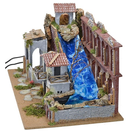 Borgo con acueducto, cascada y fuego funcionales de 58x38x35 cm h.